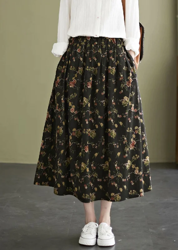 Perfect Tailoring Black Print Cotton A Line Skirt Exra Large Hem Pockets Fall