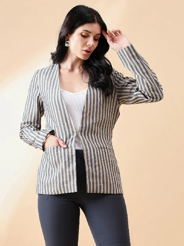 Breathable Design Stripe Poly Linen Blazer - Navy and Beige