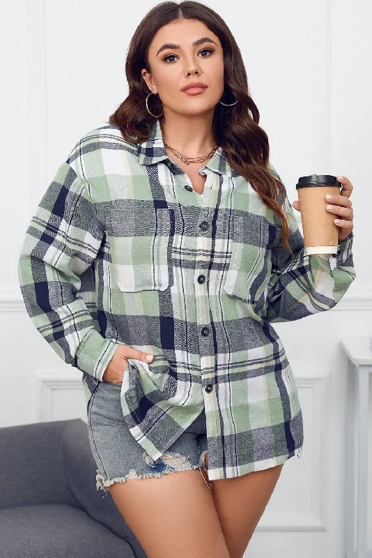 Must-have For Fashion Green Printed Plus Size Chest Pocket Plaid Shirt