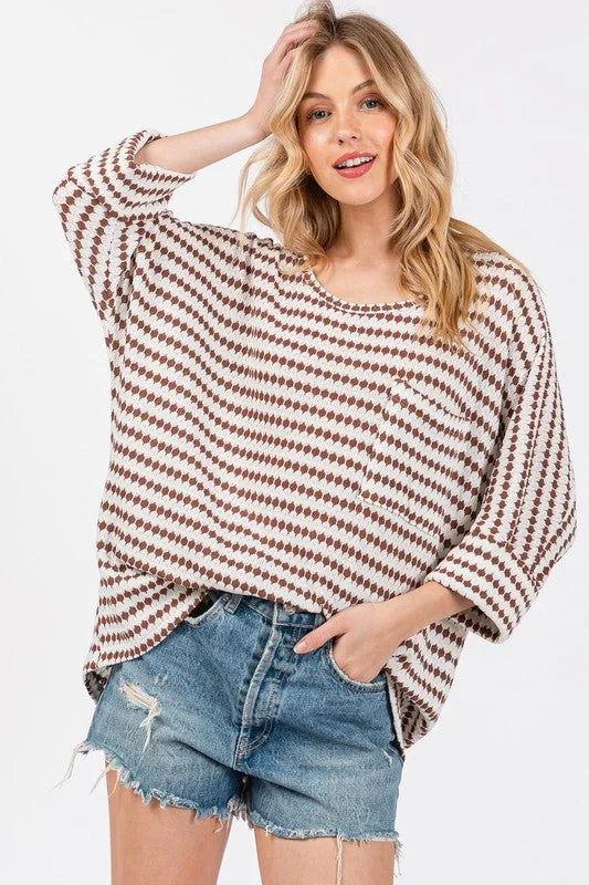 Embroidery Design BROWN STRIPED 3/4 SLEEVES FRONT PATCH POCKET KNIT TOP CFTY12894SB