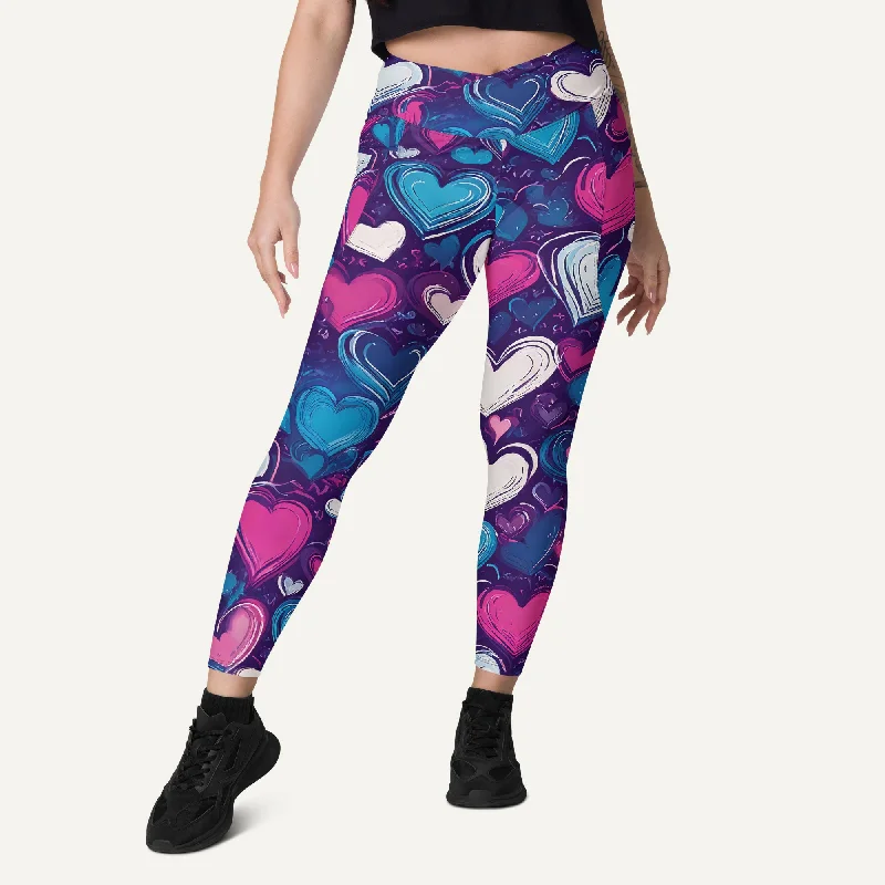 Fashionable Inner Wear Scribble Hearts Crossover Leggings With Pockets