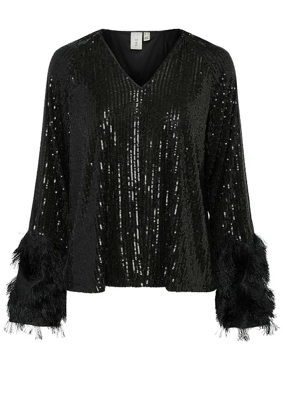 Fashionable Prints Y.A.S. Flow Fringe Trim Sequin Top, Black