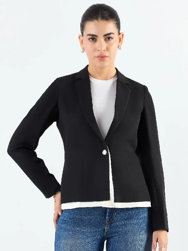 European Plan Black And White Layered Structured Blazer in Stretchable Fabric