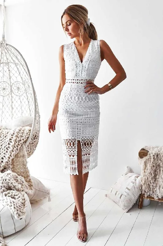 Lively And Youthful Scarlet Lace Midi Dress - White