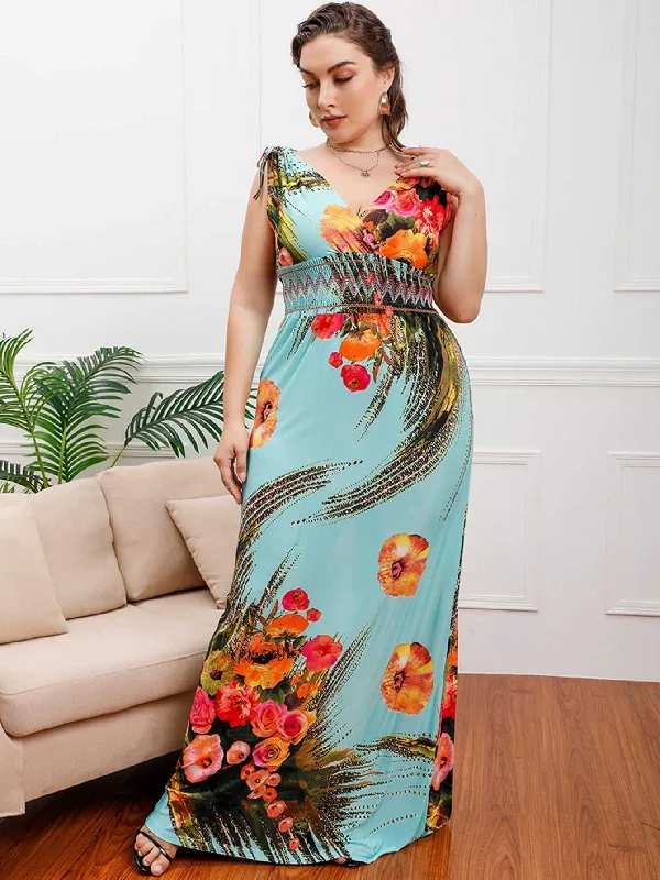 Printed Patterns KittenAlarm - Plus Size Surplice Front Smocked Waist Maxi Dress