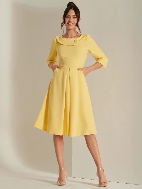 Fashionable Items 3/4 Sleeve Fold Neck Midi Dress, Light Yellow