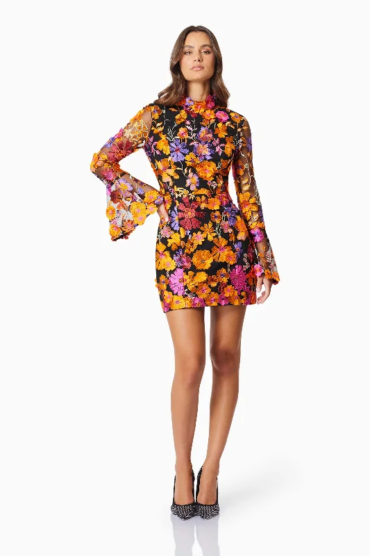 Practical Style Alessandra Floral Long Sleeve Mini Dress In Orange