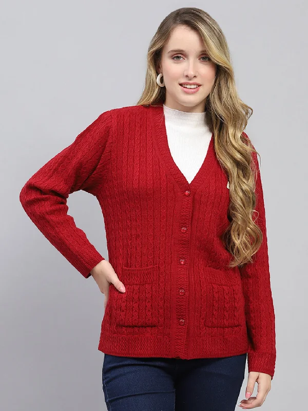 Comfortable And Versatile Women Red Self Design V Neck Full Sleeve Cardigan