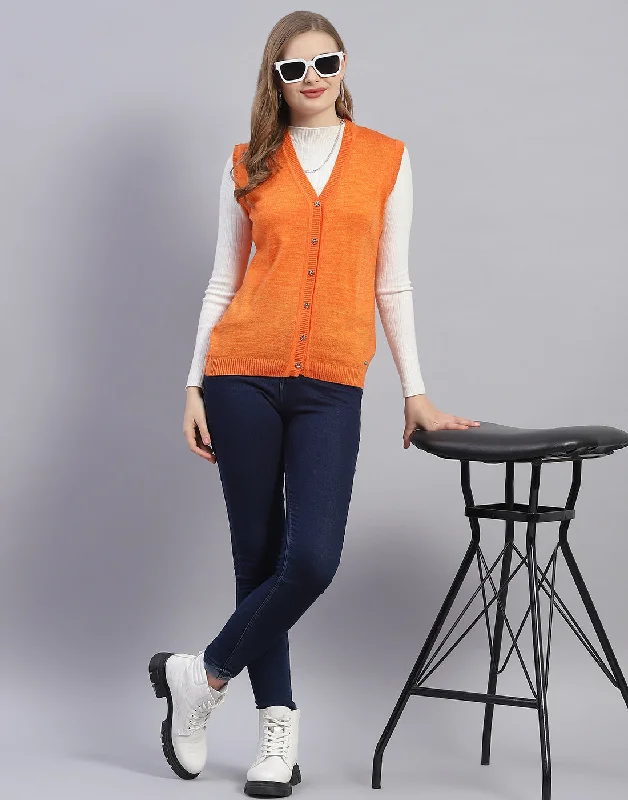 Multifunctional Style Women Orange Solid V Neck Sleeveless Cardigan