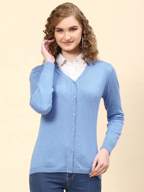 Urban Style Women Sky Blue Solid V Neck Full Sleeve Cardigan