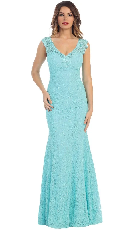 Comfortable And Cold-proof May Queen - MQ-1217 Lace V-neck Trumpet Evening Dress