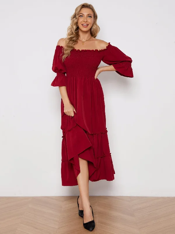 Personalized Wear KittenAlarm - Off Shoulder Solid Color Slit Pleated Long Sleeve Dress