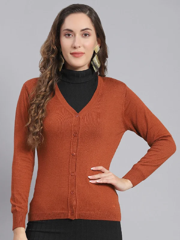 Cute Design Women Rust Solid V Neck Full Sleeve Cardigan