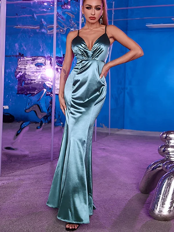 Basic Version KittenAlarm - Plunging Neck Backless Mermaid Hem Satin Prom Dress