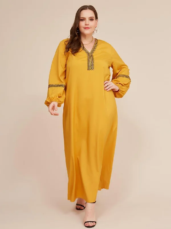 Autumn Selection Embroidery V-neck Lantern Sleeve Loose Maxi Dress