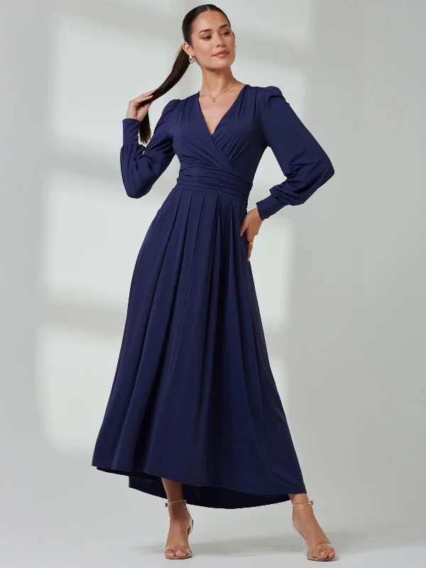 Celebrity Must-have Long Sleeve Soft Silky Jersey Maxi Dress, Navy