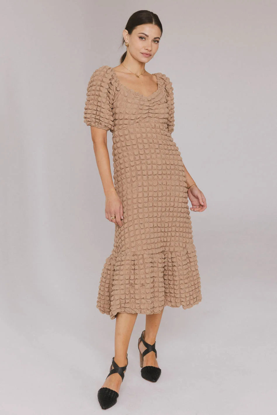 French Style Miley Bubble Texture Dress in Tan