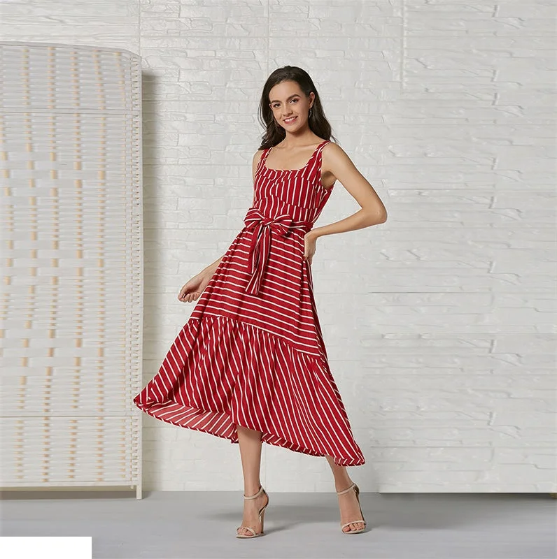 Simple And Comfortable KittenAlarm - Women Fashion Sleeveless Stripe Maxi Dress Party Belt waist Casual Beach Long Dress