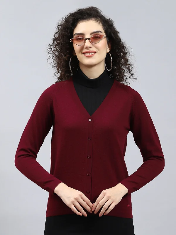 Artistic Temperament Women Maroon Solid V Neck Full Sleeve Cardigan