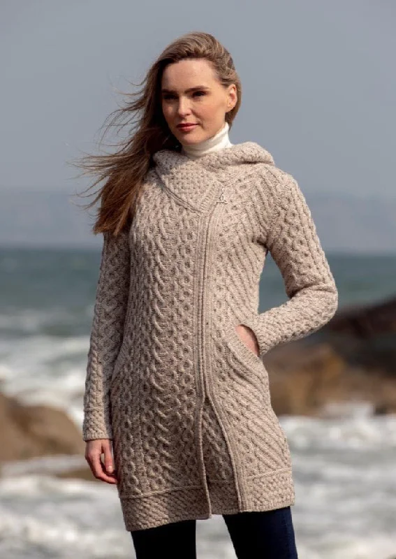 Comfortable And Casual Aran Crafts Heart Design Hooded Coat | Oatmeal