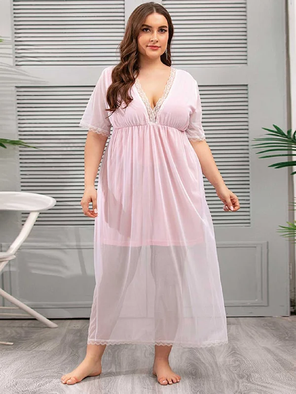 High-end Customization KittenAlarm - Plus Size Mesh V-neck Lace Sheer Lounge Wear Nightdress