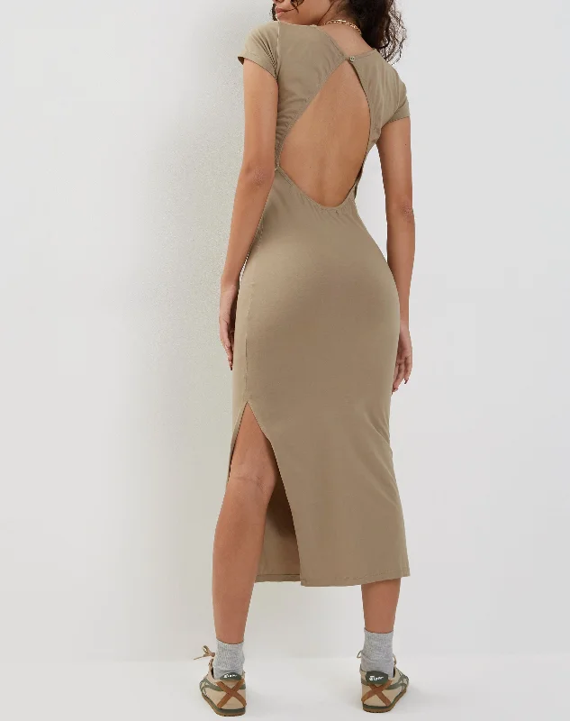 Luxury Style Kasor Open Back Midi Dress in London Fog