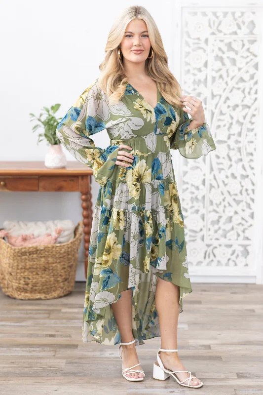 High Street Style Olive Floral V-Neck Long Sleeve Maxi Dress