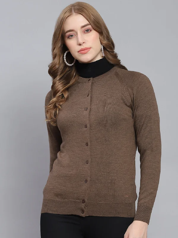 High-end Customization Women Brown Solid Round Neck Full Sleeve Cardigan