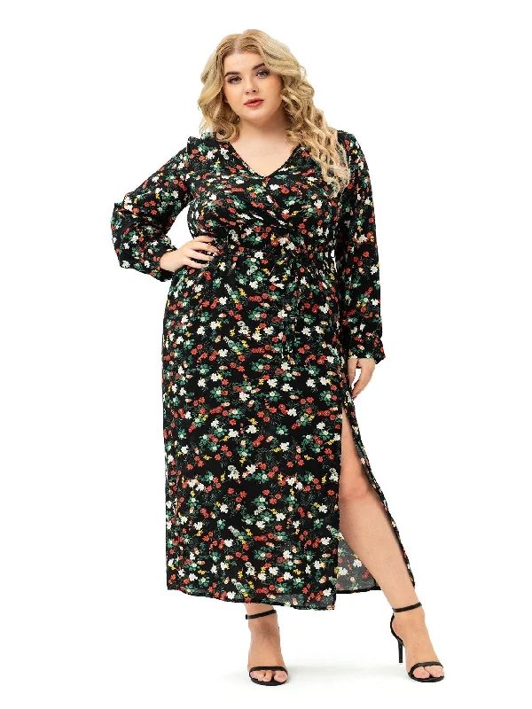 Street Charm KittenAlarm - Plus size Long Sleeve V neck Slit Printd Dress