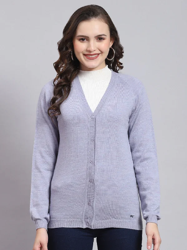 Elegant Design Women Purple Solid V Neck Full Sleeve Cardigan