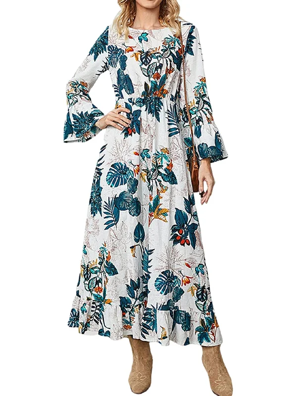 Eye-catching Personality KittenAlarm - Boho Plants Printing High Waist Flare Sleeve Midi Dress