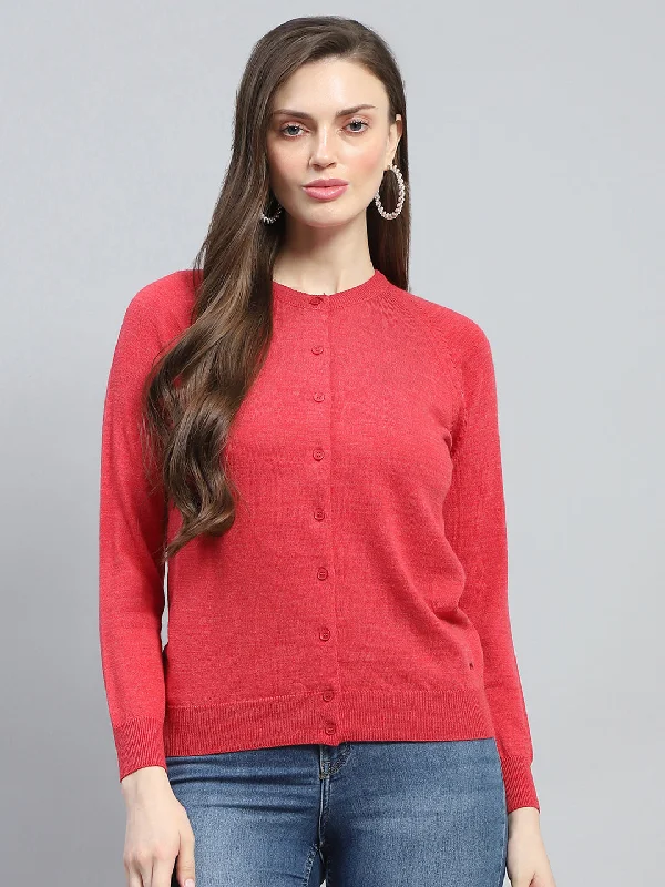 Warm Atmosphere Women Red Solid Round Neck Full Sleeve Cardigan