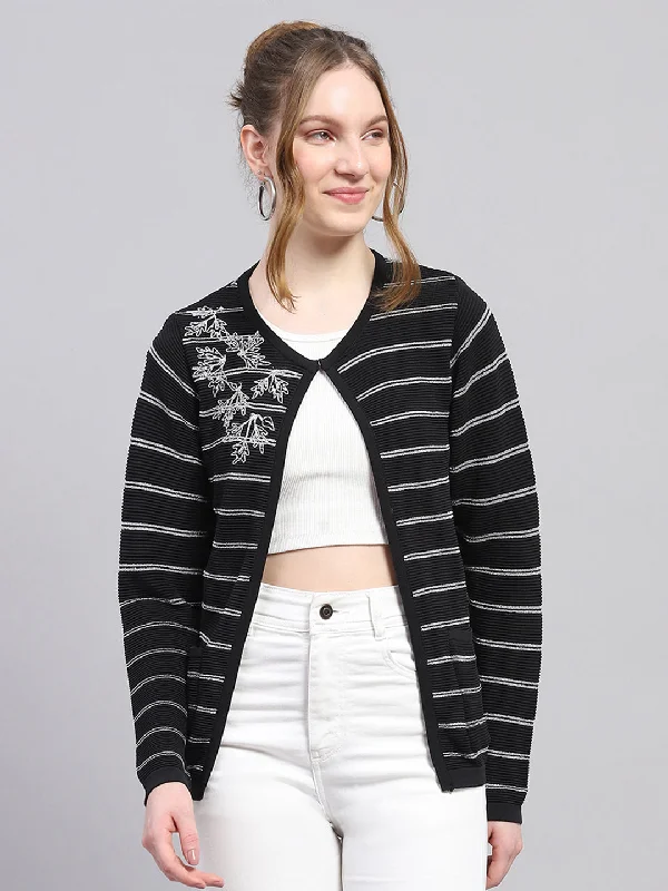 Tropical Style Women Black Stripe Round Neck Full Sleeve Cardigan