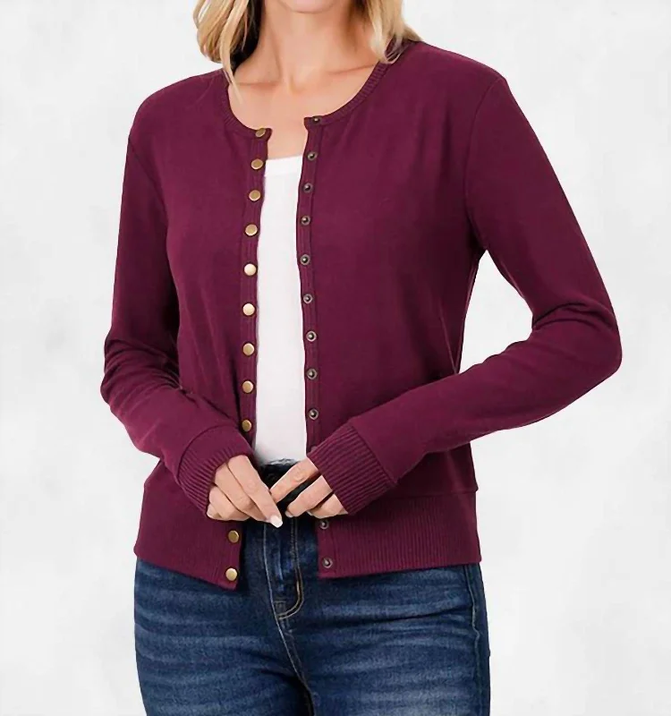 Comfortable And Cold-proof Briana Crew Neck Snap Button Cardigan In Dark Burgundy