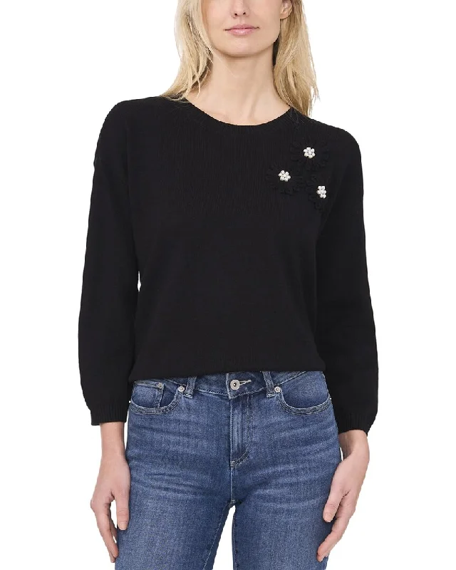 European And American Style Cece Flower Embroidery With Pearls Sweater