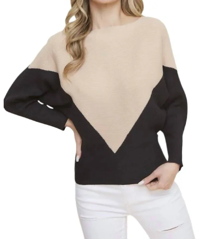 Luxury Style Corinne Color Block Dolman Sleeve Sweater In Mocha/black