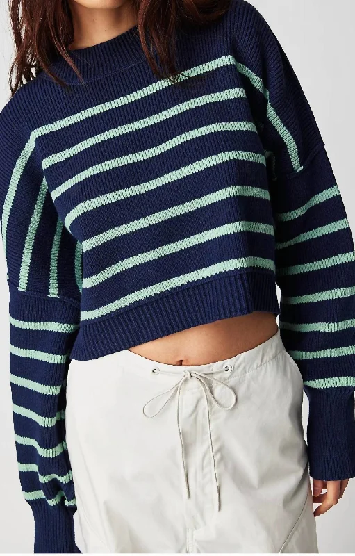 Classic Style Easy Street Stripe Crop Pullover In Navy Combo