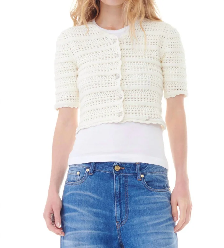 Luxury And Elegant Egret Pointelle Short Sleeve Cardigan