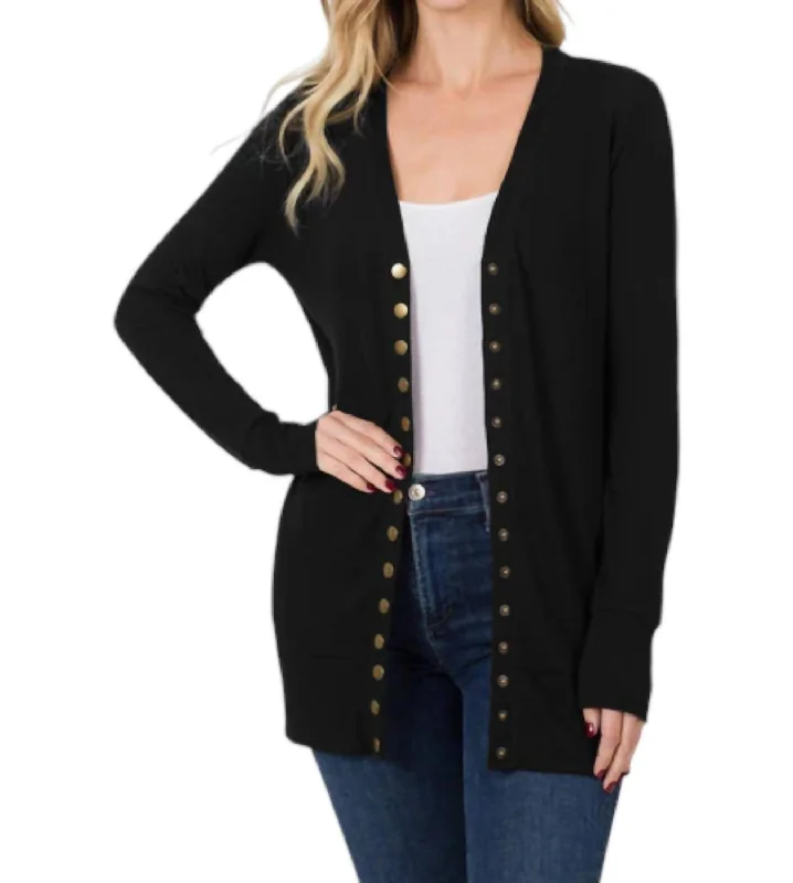 Elegant Temperament Flora Snap Button Cardigan In Black