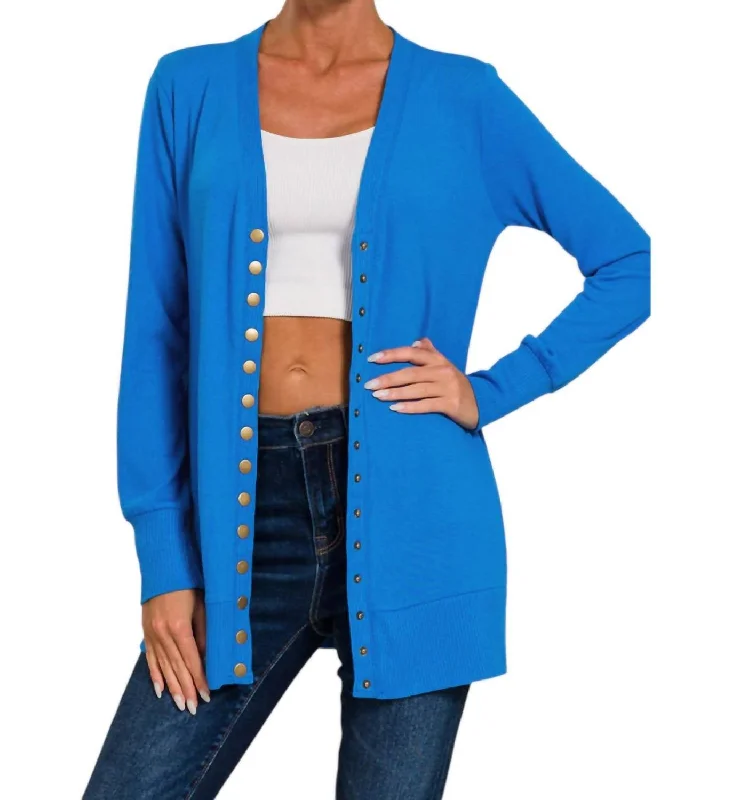 French Style Flora Snap Button Cardigan In Ocean Blue