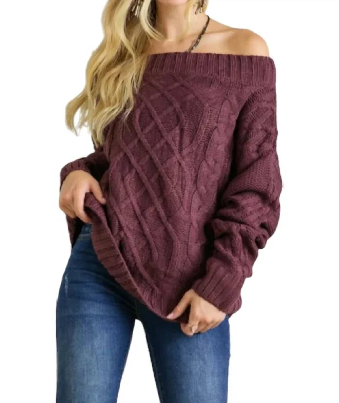 Elegant And Casual Lizzie Cable Knit Bardot Sweater In Eggplant