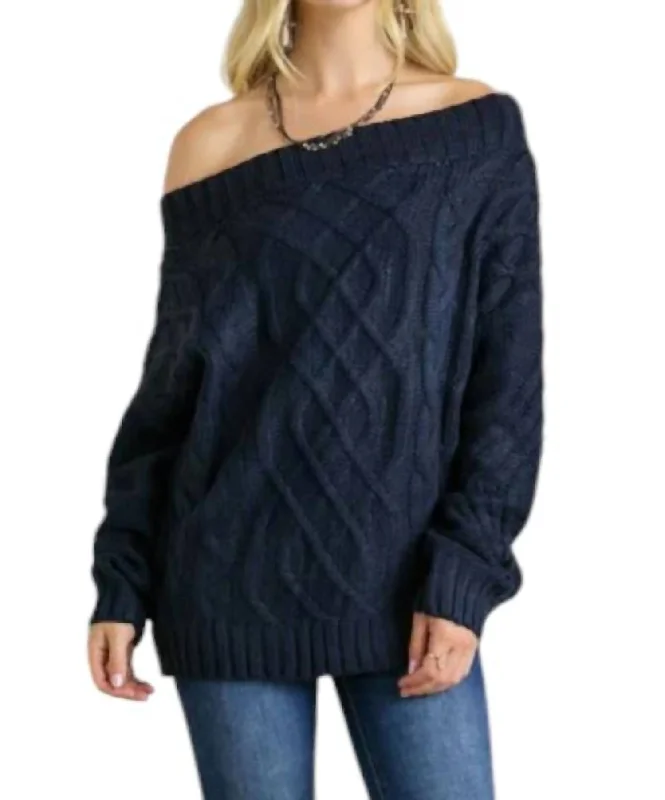 New Autumn And Winter Styles Lizzie Cable Knit Bardot Sweater In Navy