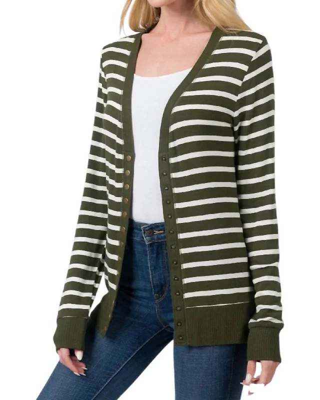 Fashion Must-have Nellie Striped Snap Button Cardigan In Olive/ivory