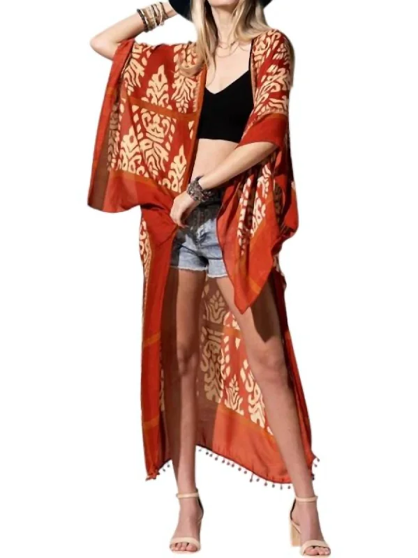 Elegant And Charming Samantha Damask Print Kimono In Rust