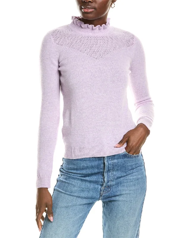 French Style sofiacashmere Ruffle Mock Neck Mesh Stitch Cashmere Sweater