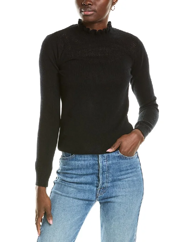 Sports Trend sofiacashmere Ruffle Mock Neck Mesh Stitch Cashmere Sweater