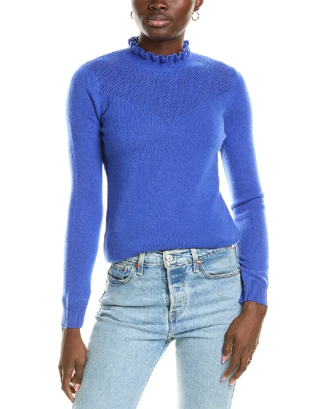 Elegant Temperament sofiacashmere Ruffle Mock Neck Mesh Stitch Cashmere Sweater