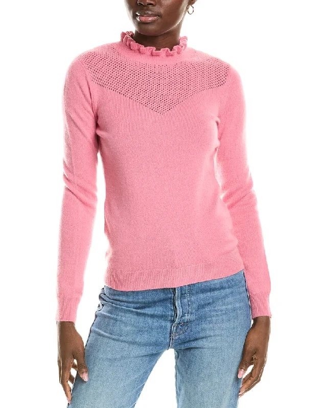 European Plan sofiacashmere Ruffle Mock Neck Mesh Stitch Cashmere Sweater