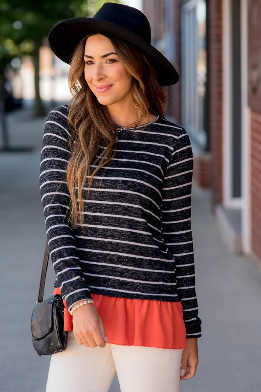 Classic And Versatile Striped Ruffle Bottom Sweater Tee