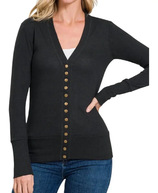 Exquisite Embroidery Torie Ribbed Detail Snap Button Cardigan In Black